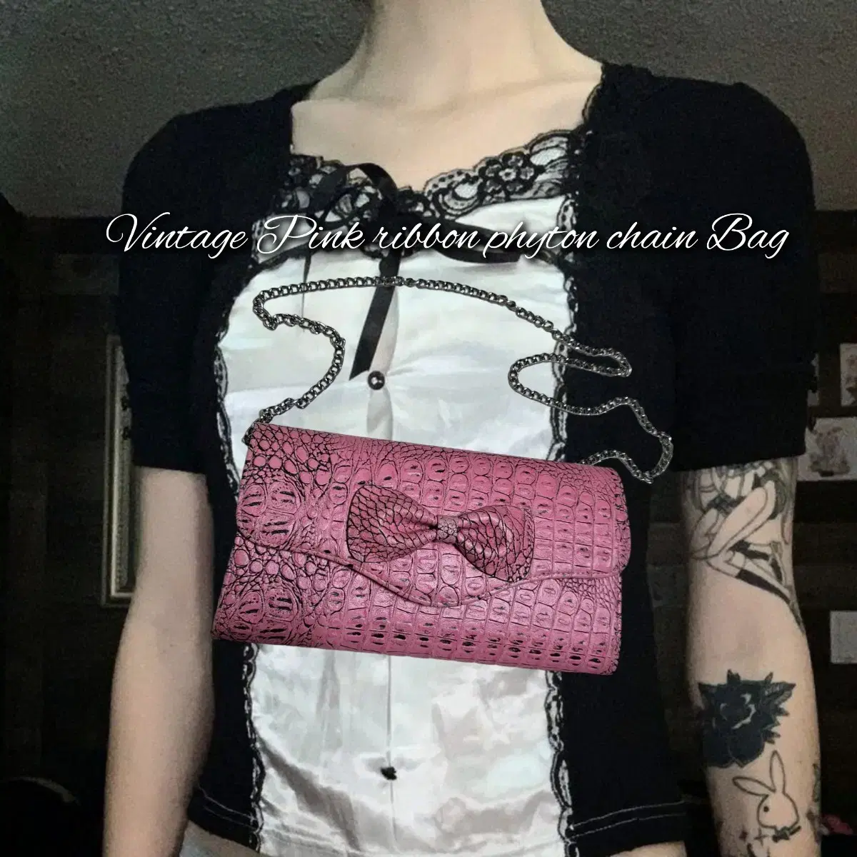 Vintage Pink Ribbon phyton chain Bag