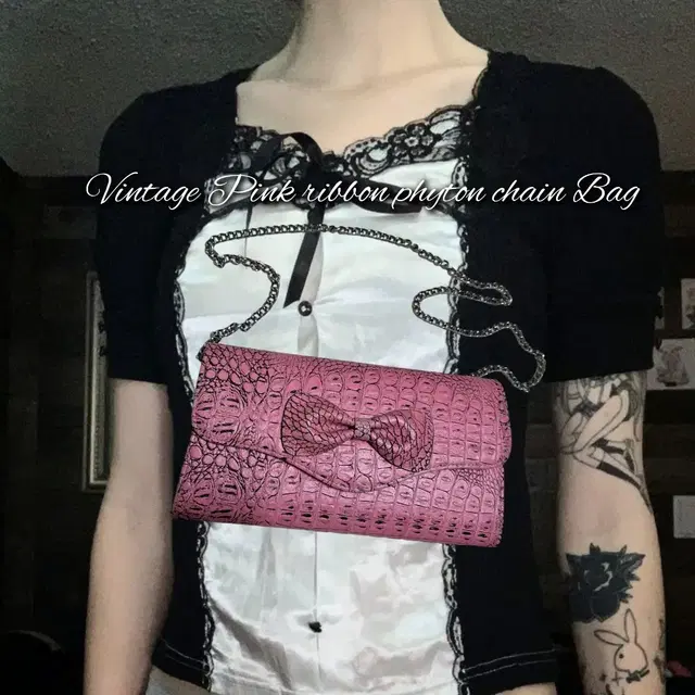 Vintage Pink Ribbon phyton chain Bag