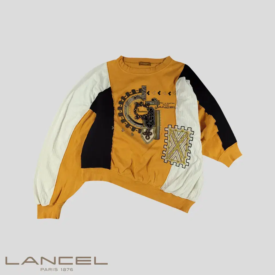 LANCEL Ren JP Mustard Orange Black Unbalanced Patchwork Cotton Blend