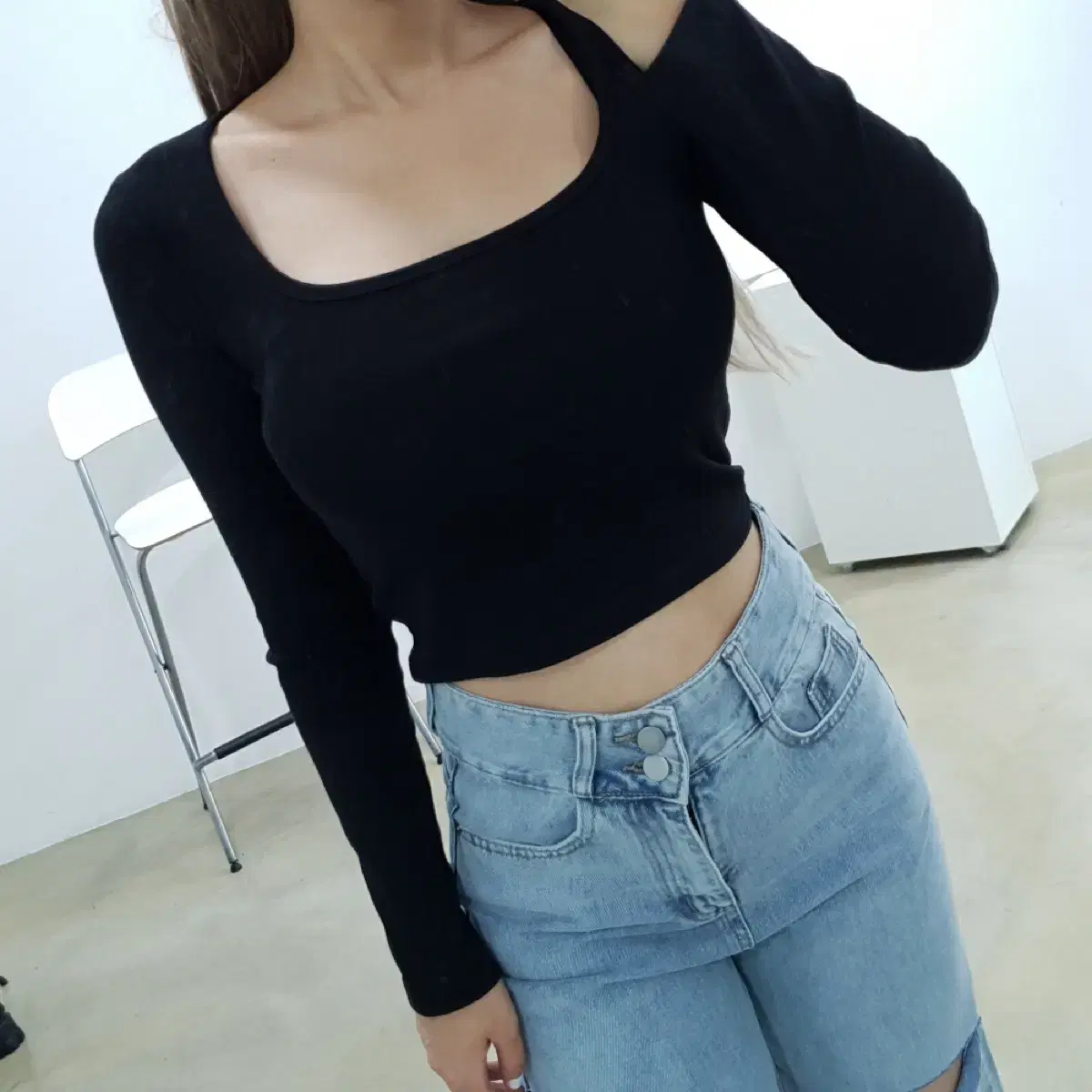 Square Neck Long Sleeve Slim Crop T-Shirt