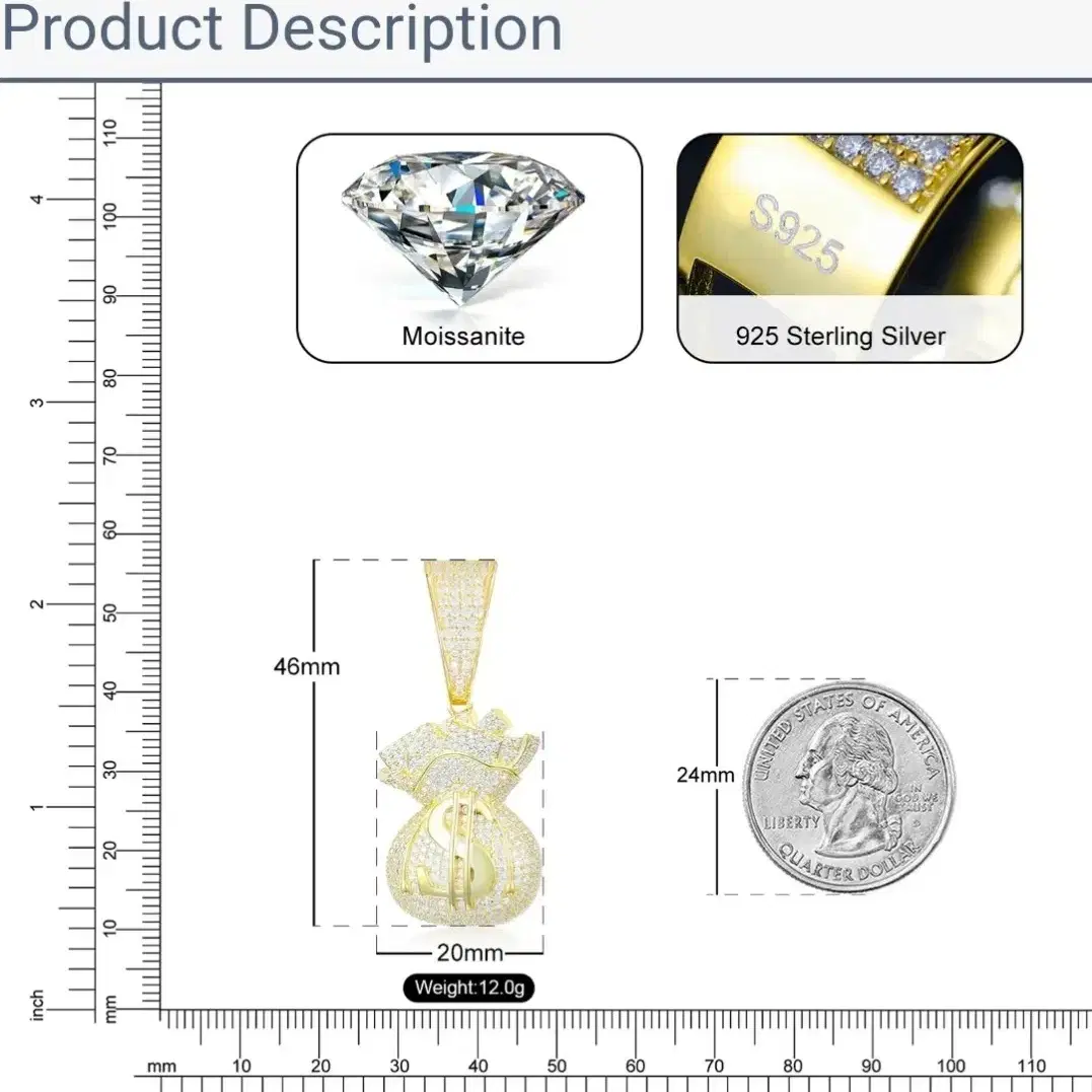 925 실버 럭셔리 달러 모양 머니백 모이사나 이트 펜던트 파티용