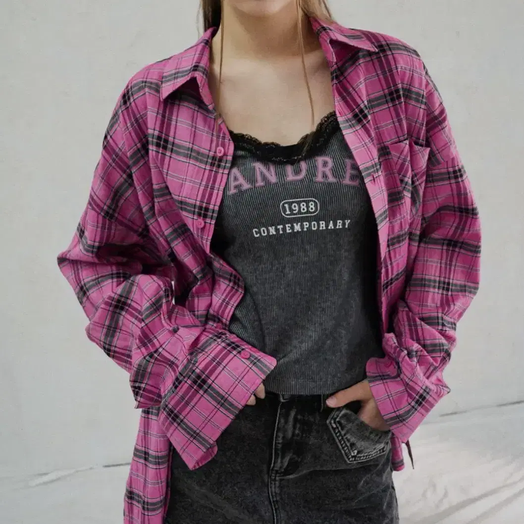 어반드레스 체크 셔츠 핑크 Overfit Check Shirt