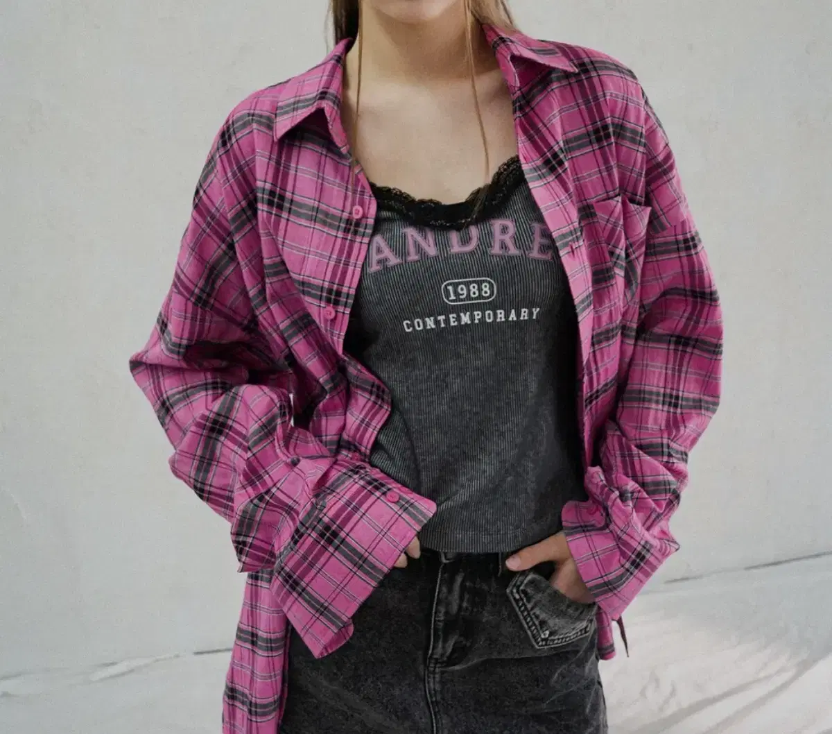 어반드레스 체크 셔츠 핑크 Overfit Check Shirt