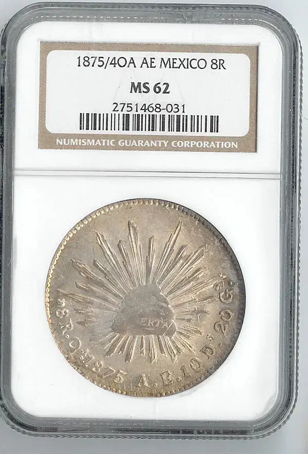 멕시코 1875년 발행 8 Reales 미사용 은화 NGC MS 62