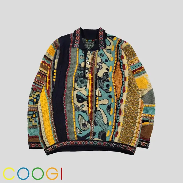 COOGI 쿠지 90s 네이비 멀티컬러 3D 케이블 에스닉 패턴 니트