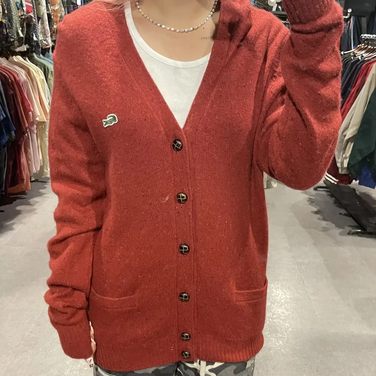 (777) LACOSTE Lacoste Pocket Knit Cardigan , Brick Red