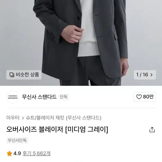 무신사 오버사이드 블레이저 미디엄 그레이