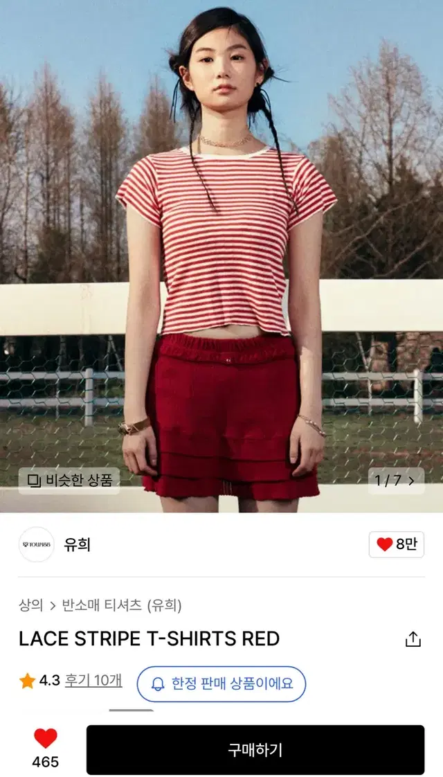 유희 LACE STRIPE T-SHIRTS RED