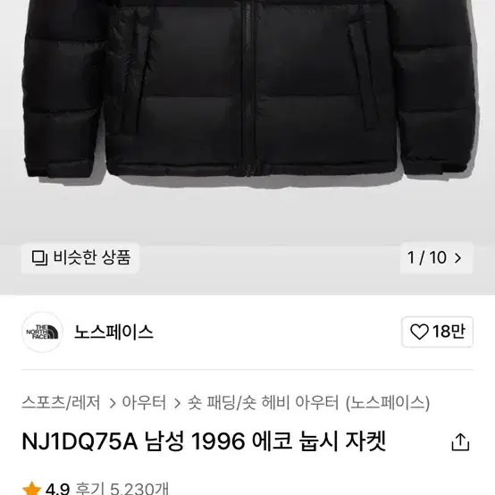 노스페이스 1996 에코눕시 패딩 (XL)