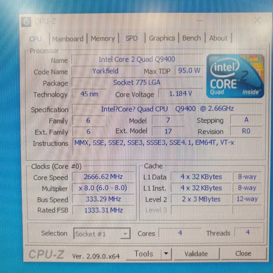 인텔 775소켓 요크필드 Q9400 CPU 쿨러별도