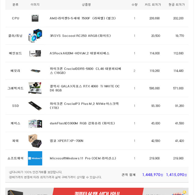 (새제품)7500F/4060Ti/램32/1TB/게임풀옵 PC본체데스크탑