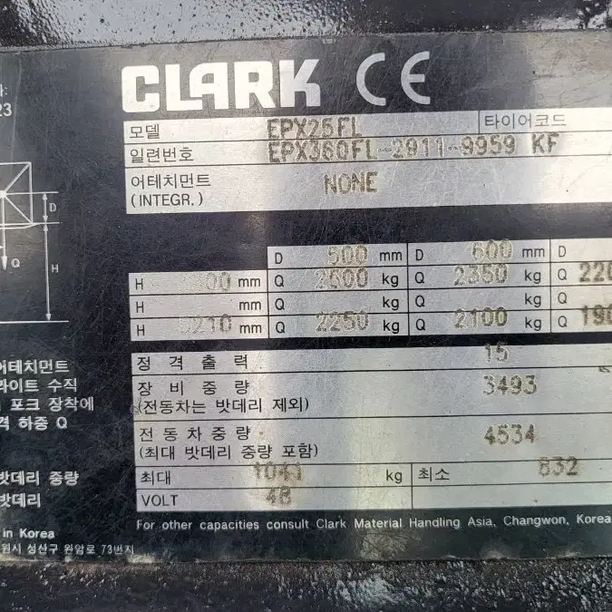 클라크 2.5톤 3단마스트 싸이드쉬프트 전동지게차