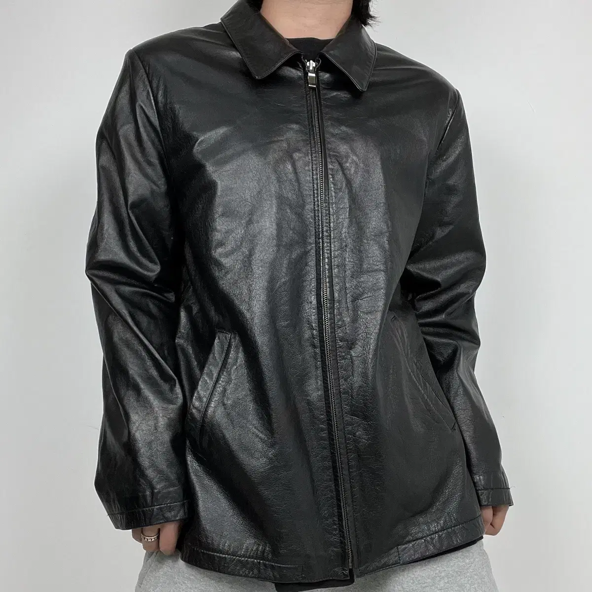 (Free Shipping) 1990s Cow leather cowhide minimalist jacket