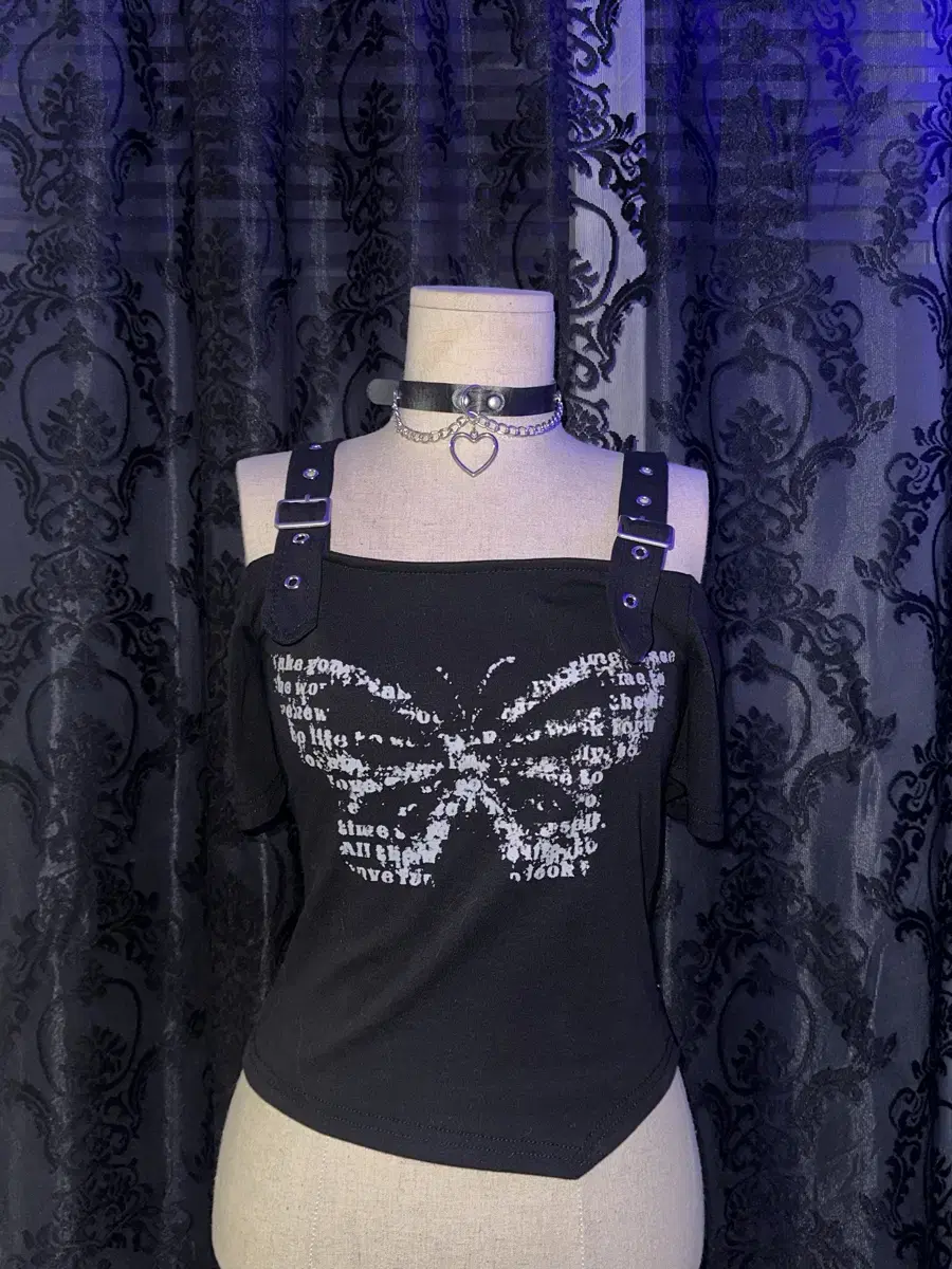 Gothpunk Y2K Butterfly Open Shoulder Short Sleeve Crop with Butterfly Open Shoulder