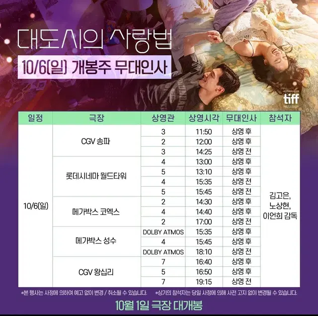 10/6 대도시의 사랑법 무대인사 2연석 양도합니다 C열 중앙