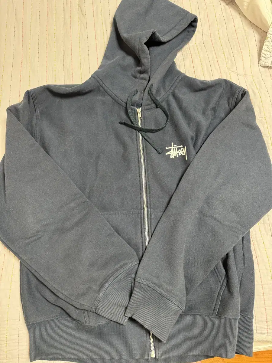 Stussy Basic Hoodie Zip Up Navy 2023 L Cream Genuine