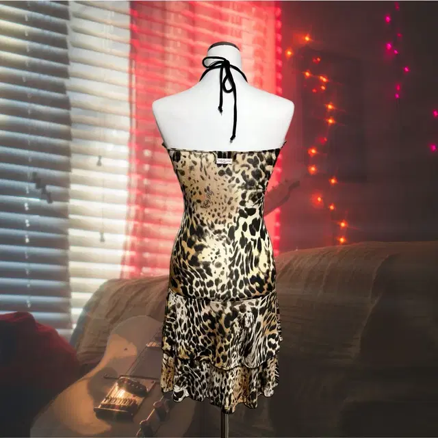 갸루 halter neck leopard mini dress