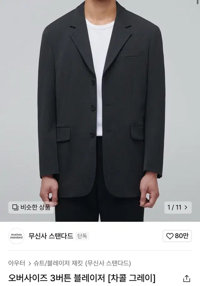 무신사스탠다드 3버튼 블레이저 차콜그레이 L