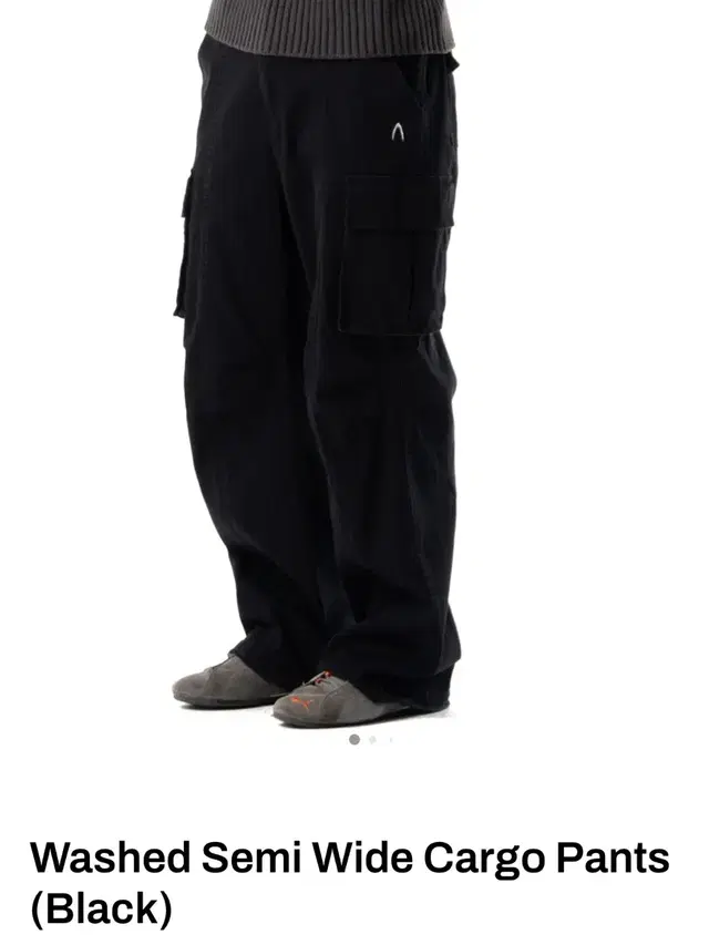 Washed Semi Wide Cargo Pants(Black)