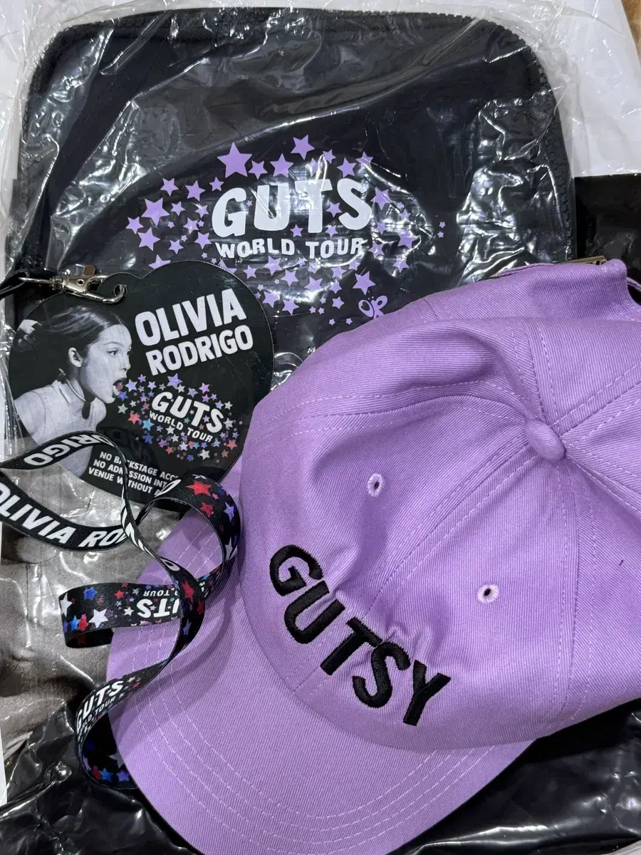 (Unsealed) Olivia Rodrigo VIP merchandise, including a laminated necklace.