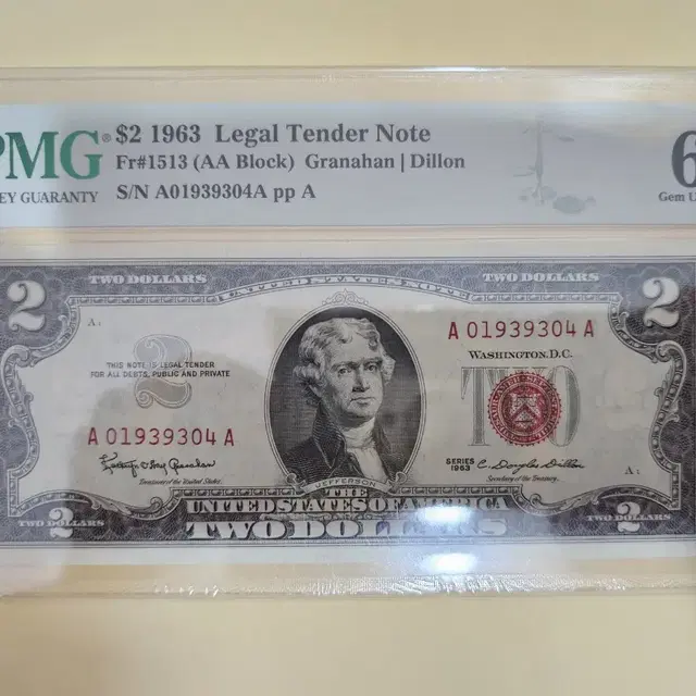 미국 1963년 USD2 초판(AA Block) 레드씰 PMG66