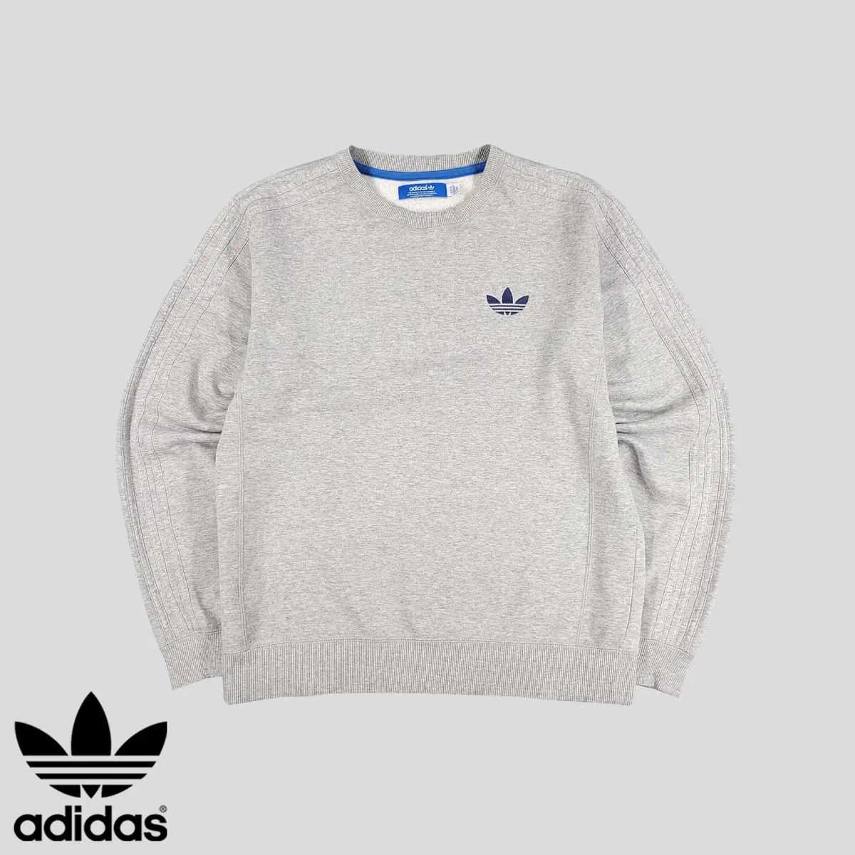 Adidas Gray Navy Trefoil Logo Embroidered Three-Stripe Cotton Blend Man-to-Man T-Shirt