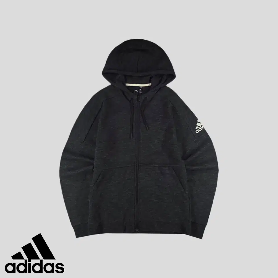 Adidas Charcoal Boccasi Grey Three Stripe Big Printed Cotton Blend Knitted High Neck Hoodie Zip Up