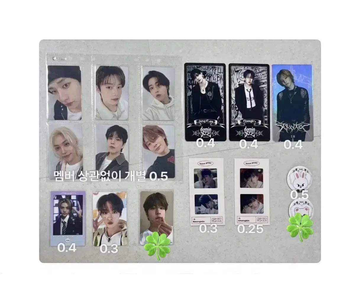 Skz $5 or less photocard and Goods Magic School pre-order benefits/seasons greetings/badges/tc