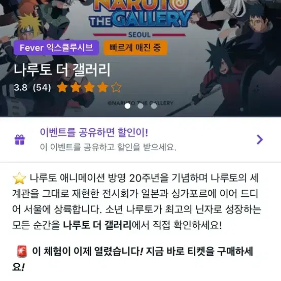 나루토 갤러리 입장권 1매 팝니다