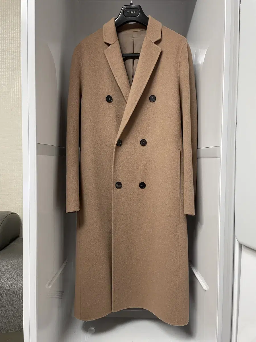 Time Homme beige cashmere semi overcoat handmade double-breasted size 95