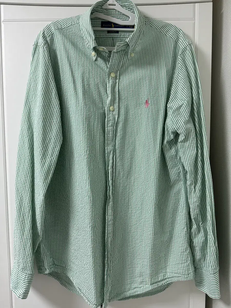 Polo Seersucker Classic Fit Shirt Green Stripe S for sale.