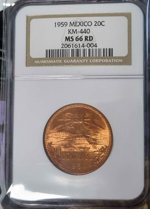 멕시코 1959년 발행 20센타보 NGC MS 66 RD