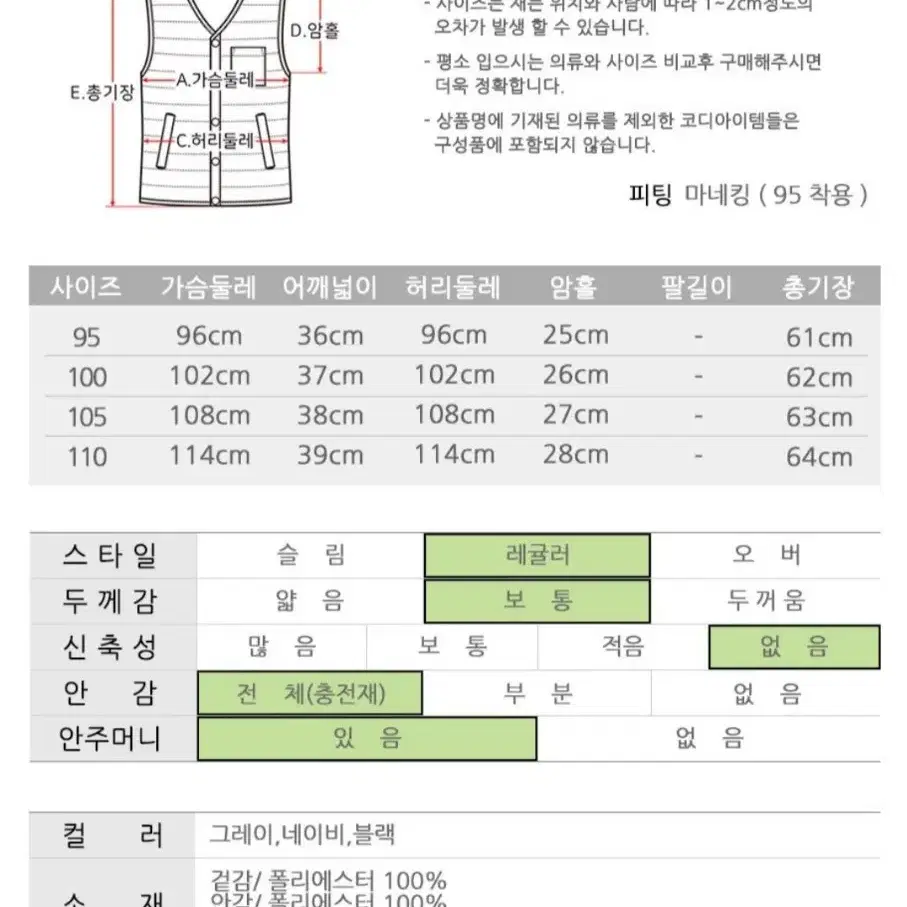 브이넥 경량 패딩(핫팻포켓) 조끼 [블랙/그레이 2개 거의 새상품]