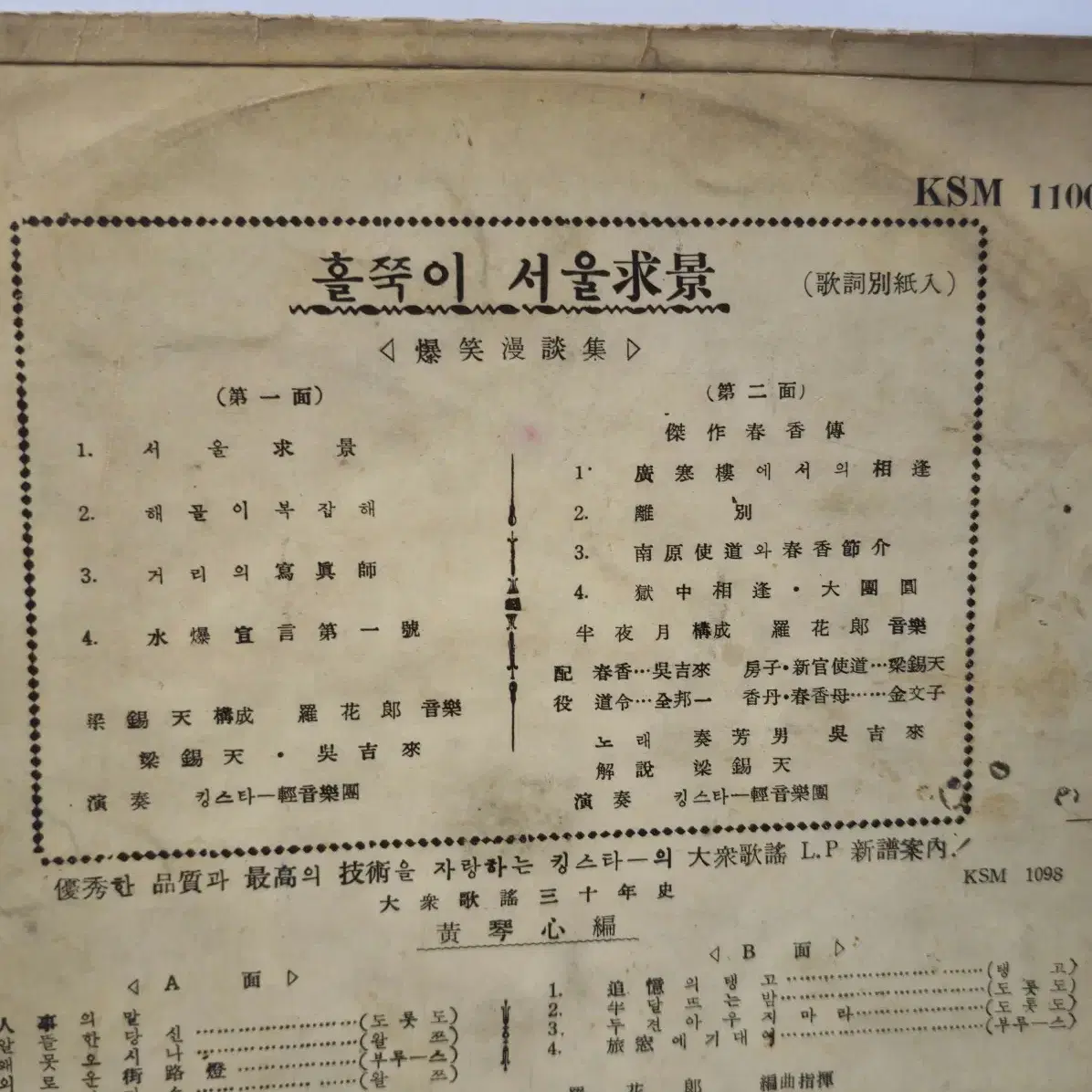 홀쭉이 서울구경과 걸작춘향전 폭소만담집 10인치 LP