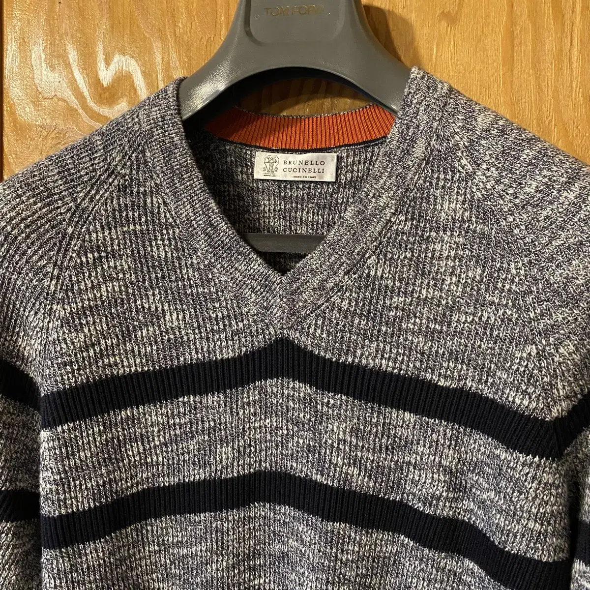 Brunello Cucinelli gray striped knit sell.