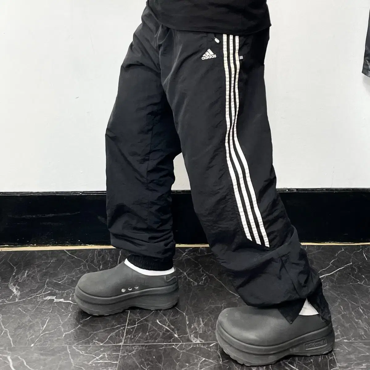 Adidas Black Three Stripe Adidas Logo Padded Wide Jogger Track Pants