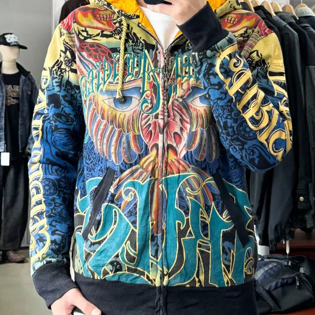 Christian Audigier 이글 아이 아트 워크 후드 집업