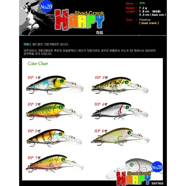 No28 하피(총5P) 7.2g / 7.8cm(립포함) 쉐드크랭크