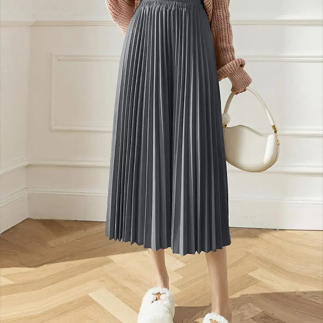 (New) Gray velvet long band skirt freesize A-line machine pleated