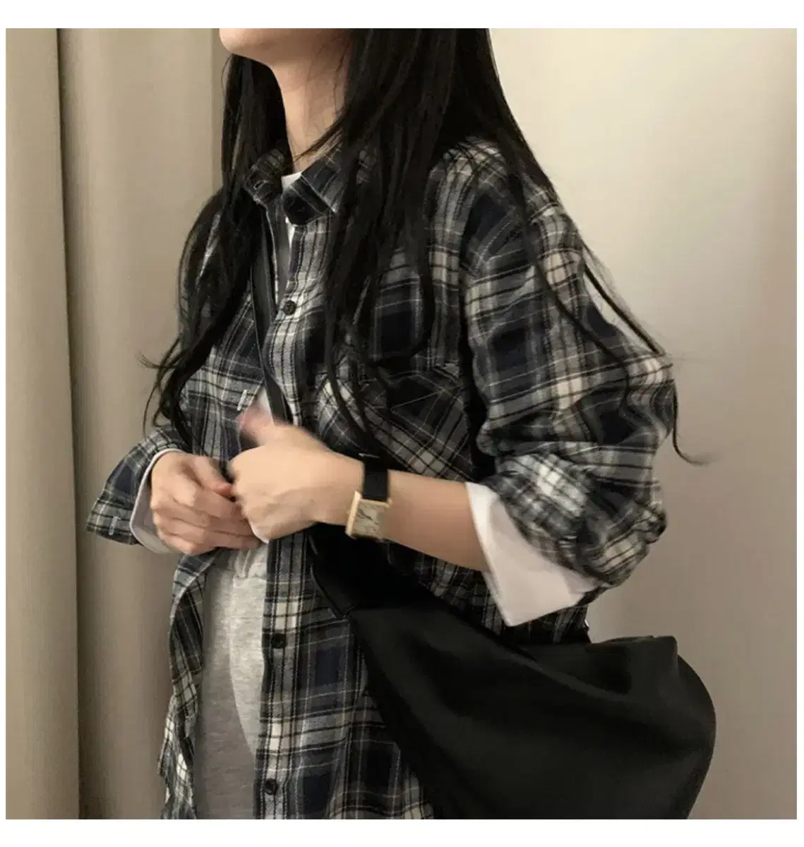 Checked loose shirt navy blue