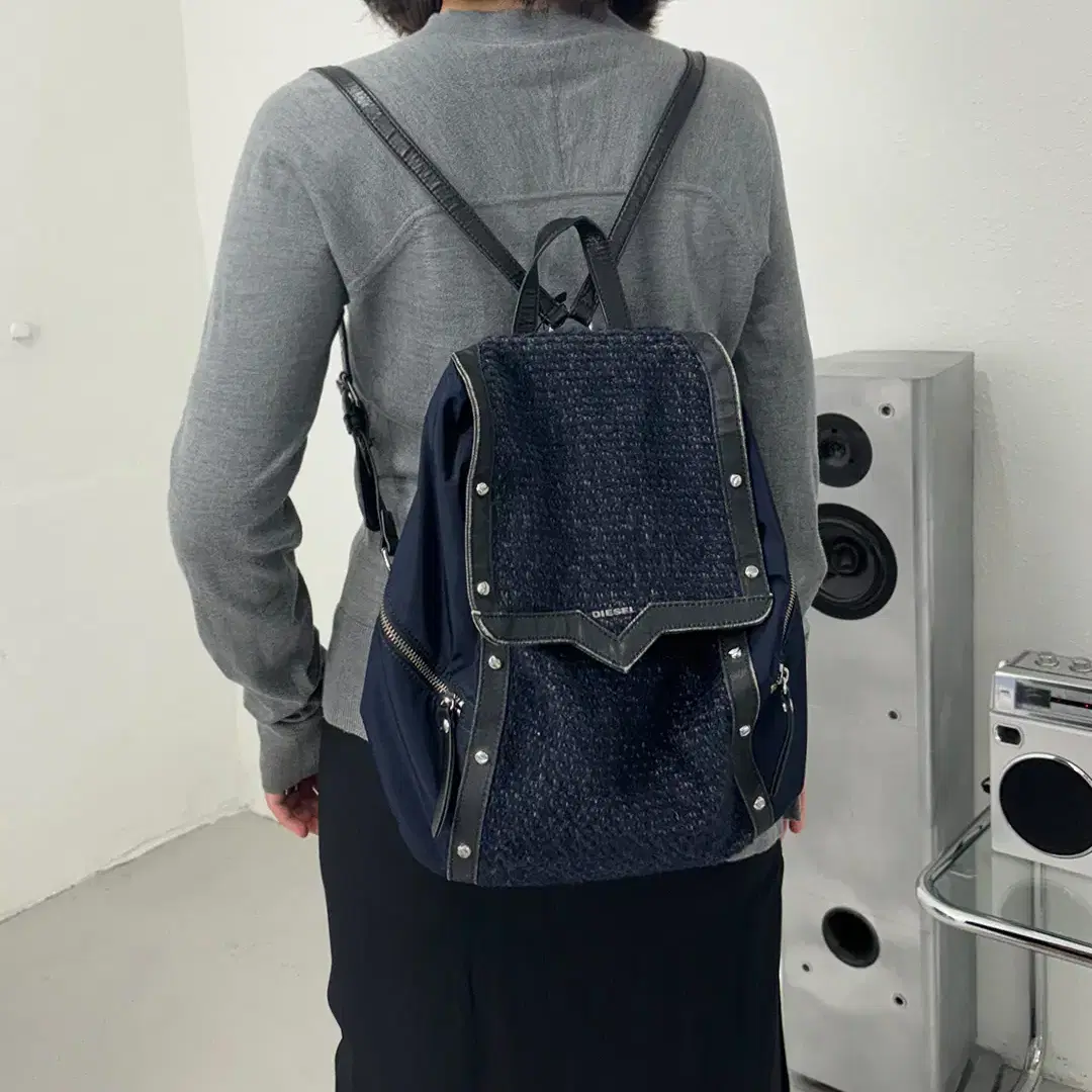 DIESEL denim tweed drawstring backpack