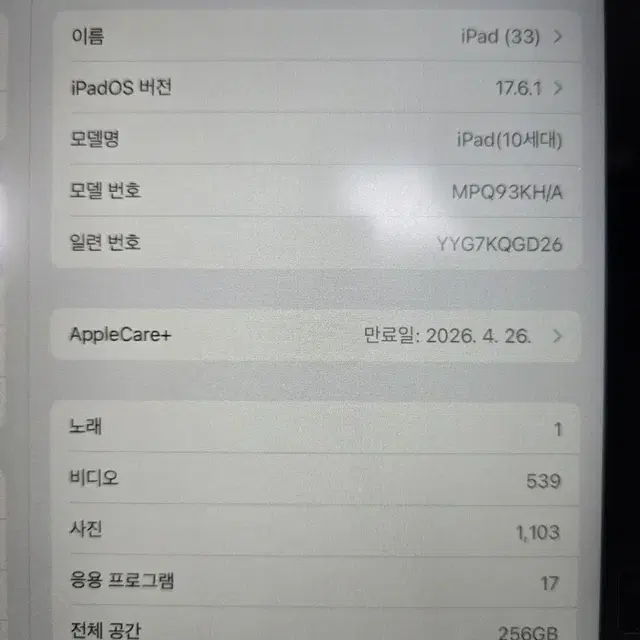 아이패드 10세대 256GB 애플케어플러스