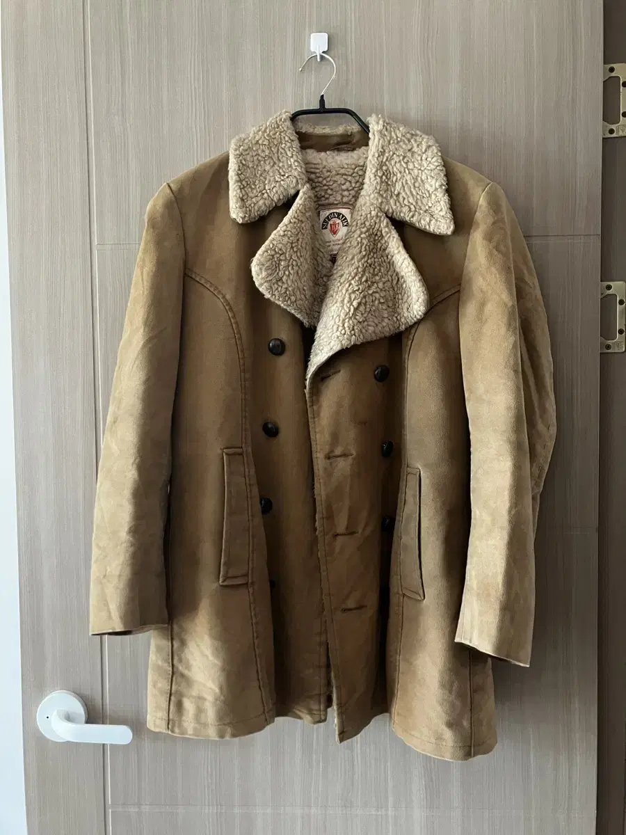 Old Belgian Moleskin Shearling and Leather Peacoat