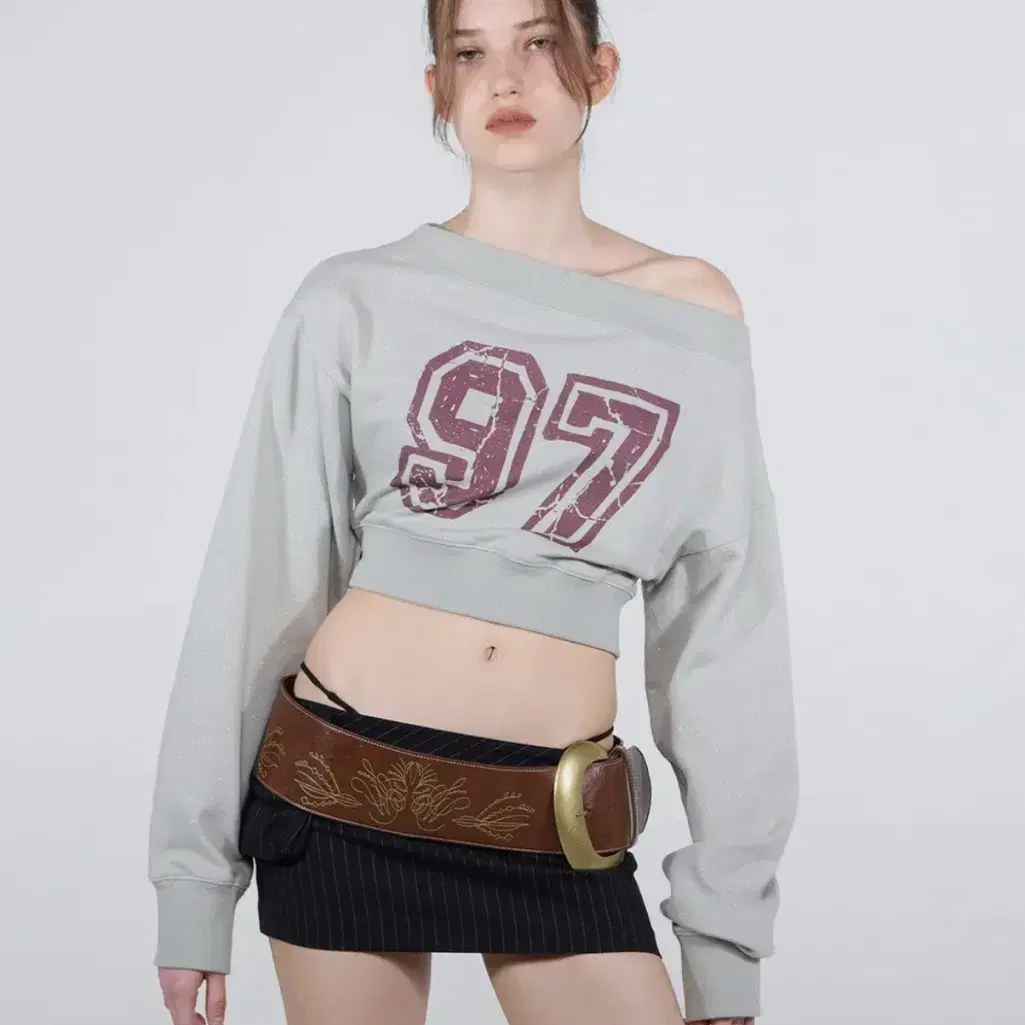 스컬프터 오프숄더 Cropped Sweatshirt Sage