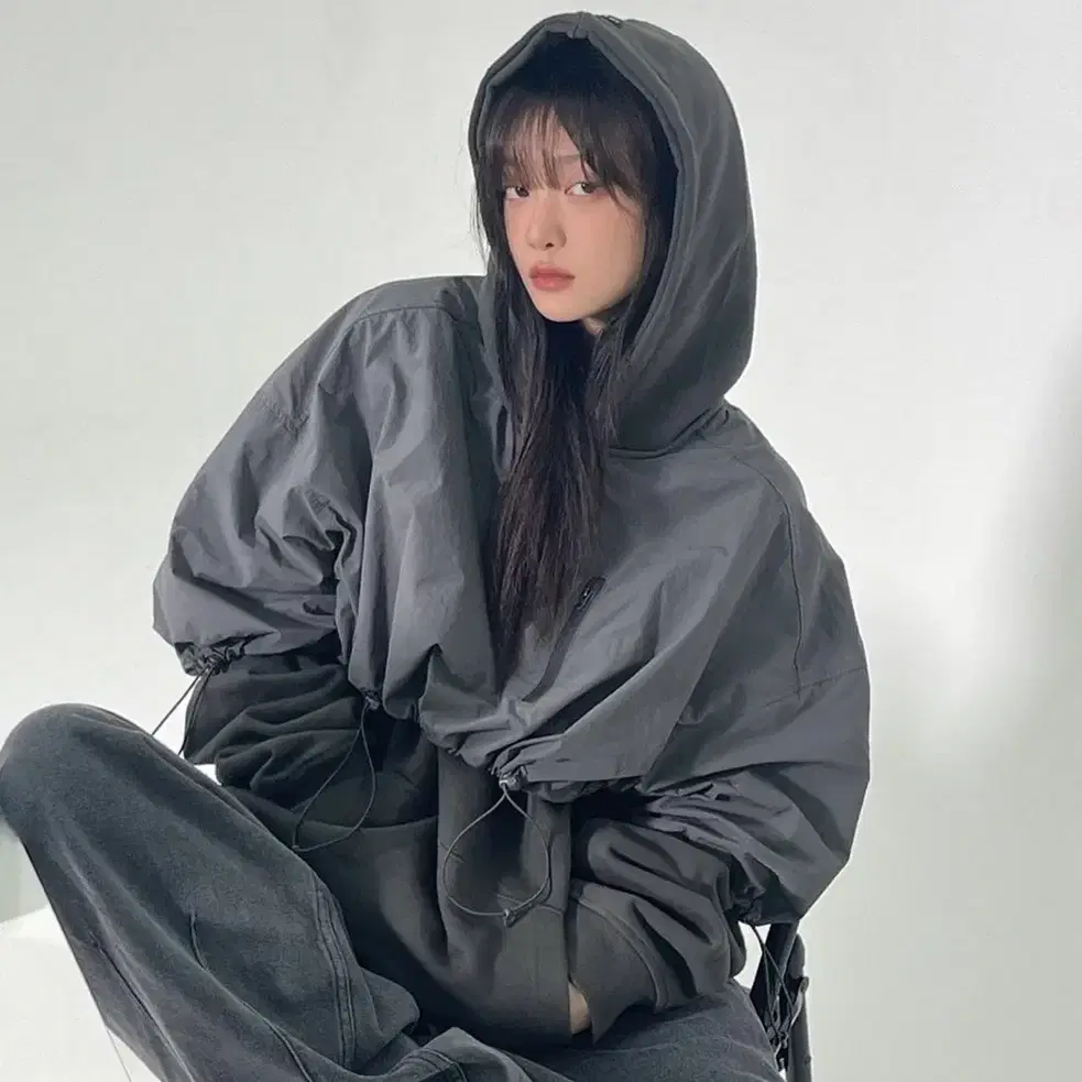 아조바이아조 후드 Layered Nylon Hoodie [CHARCOAL