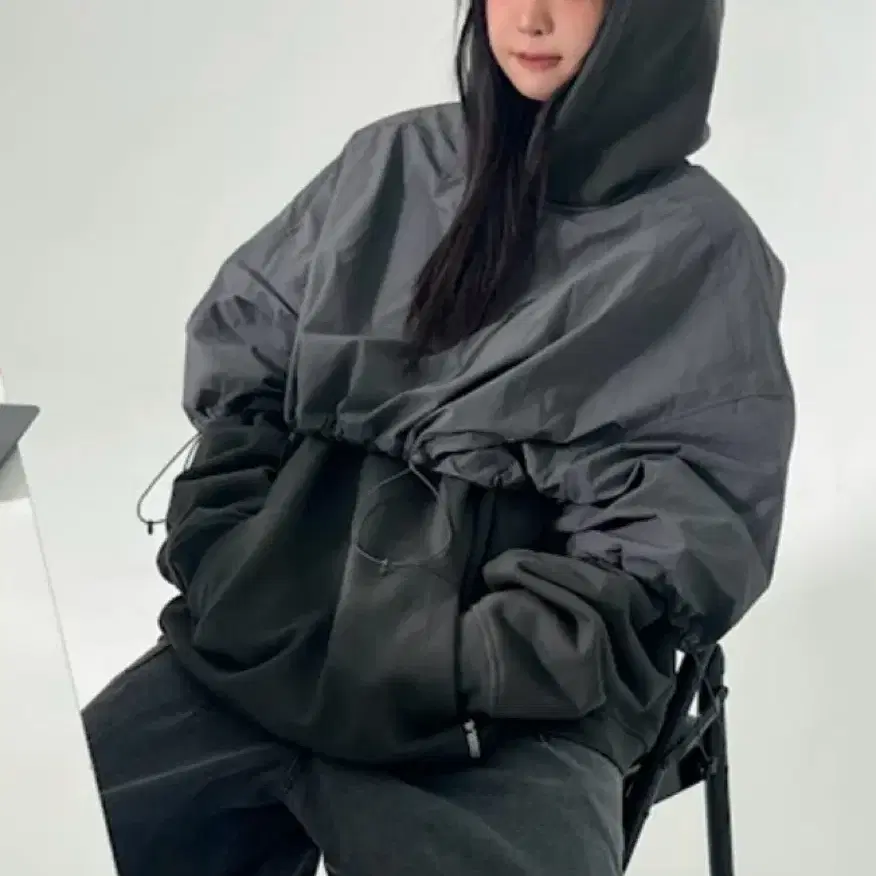 아조바이아조 후드 Layered Nylon Hoodie [CHARCOAL