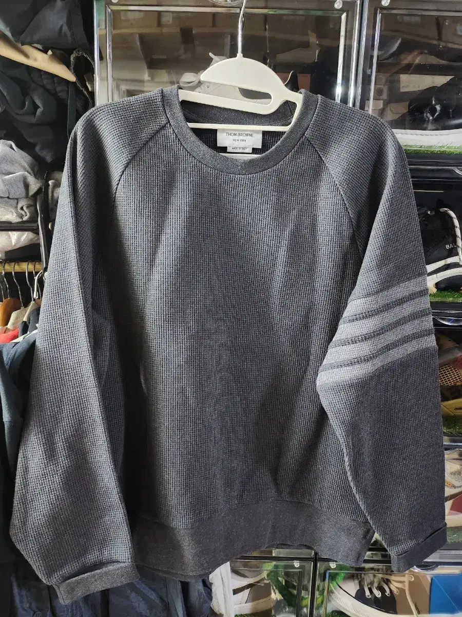 (2x) Thom Browne 4-Wire Waffle Raglan Barefoot Dark Gray