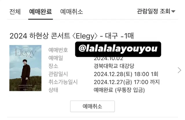 하현상 콘서트 Elegy 대구 막콘 양도합니다!