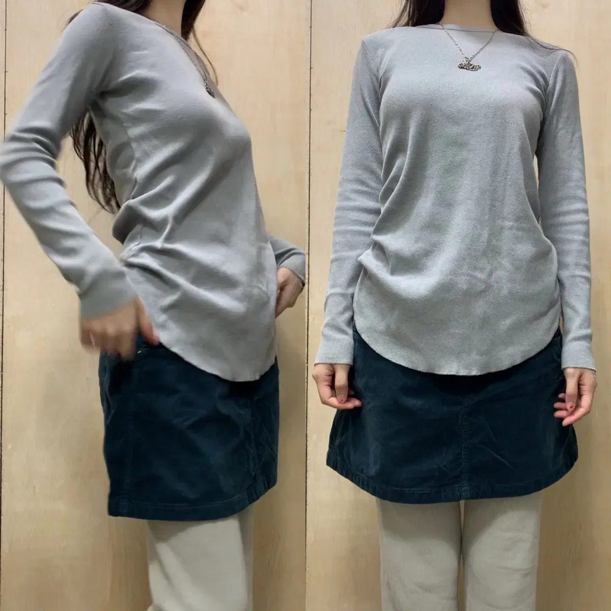 [Direct Import] Vintage Ribbed Long Sleeve T-Shirt Gray