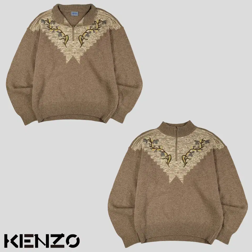 KENZO 겐조 브라운 아이보리 보카시 리프패턴 자수 반집업 니트